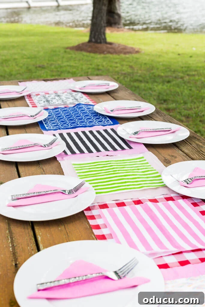 The Art of Decorating with Paper Napkins 6 A charming outdoor picnic table runner crafted from white, pink, and green striped paper napkins.