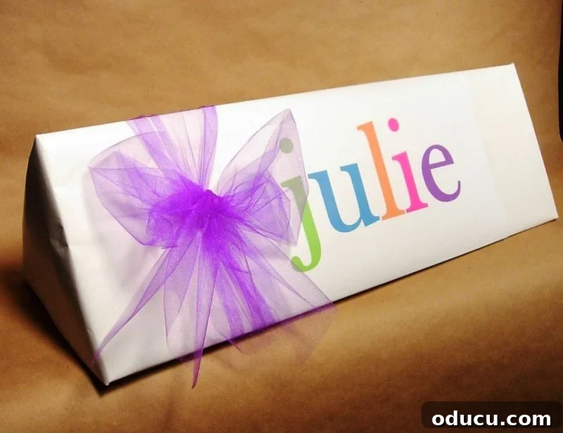 Unique Personalized Gift Wrap Idea A unique gift wrap idea featuring white craft paper with a computer-printed name, each letter in a different color, creating a personalized and vibrant design. Perfect for quick and easy gift wrapping when you're out of traditional paper.