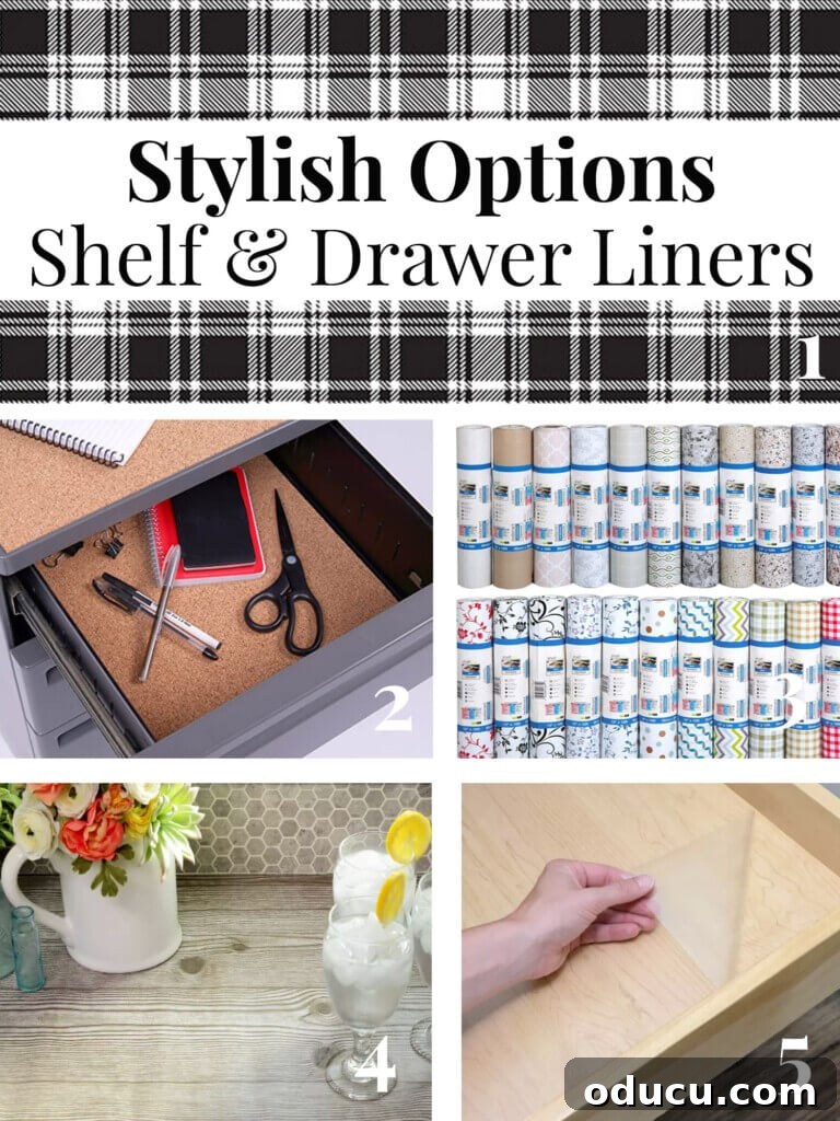 Brighten Your Kitchen with DIY Colorful Cabinet Liners 8 5 different colors, patterns and types of cabinet shelf and drawer liners and papers. Text overlay says Stylish Options Shelf & Drawer Liners