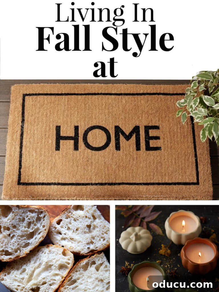 Autumn Decor Prep 8 Home doormat, bread and pumpkin candles. Text overlay says Living in fall style at home