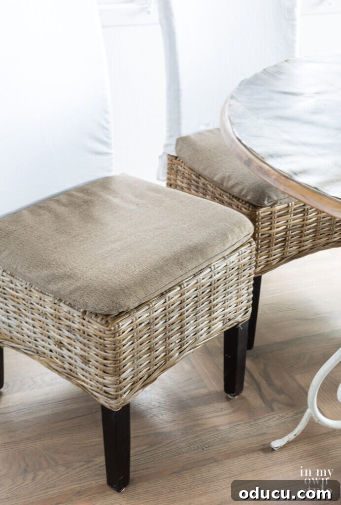 Score Free Fabric for Stunning Home Decor 8 Driftwood-colored rattan dining chair covers, beautifully made by repurposing fabric from a broken item that was destined for the trash.