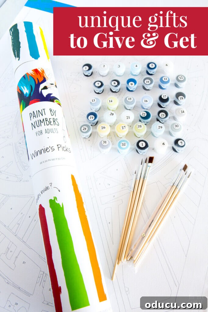 Creative Kickoff for Your Gifting Season 11 Winnie's Picks paint by number canvas with paints and brushes.