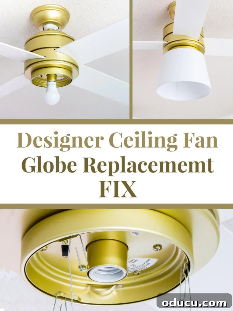 Ceiling Fan Globe Upgrade Choices 11 Before and after comparison of a ceiling fan light, showing the broken globe and the stylish lampshade replacement. Text overlay: 'Designer Ceiling Fan Globe Replacement Fix'.