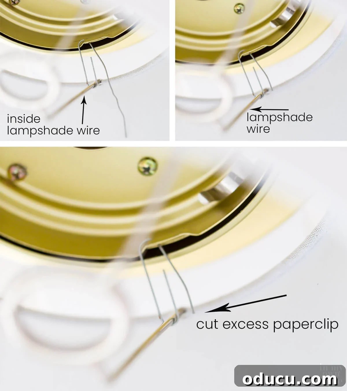 Detailed steps for the Hunter Hepburn Ceiling broken globe hack, demonstrating how to attach a lampshade using paper clips.