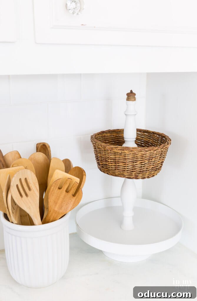 Crafting a Dual-Level Kitchen Storage Stand 5 Tiered kitchen basket to make to store fruit and produce on a counter. A beautifully crafted 2-tier basket stand on a kitchen counter, holding fruit.
