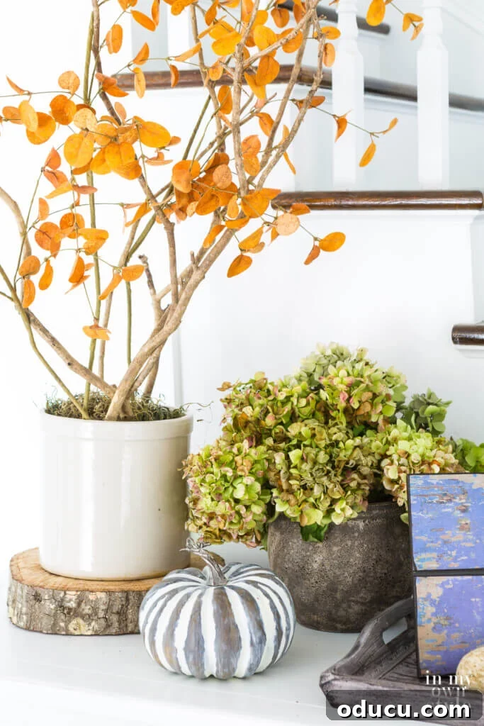 Entryway Upgrade: The Dresser Solution 8 Natural elements create fall decor on a white entryway sideboard with a single pumpkin.