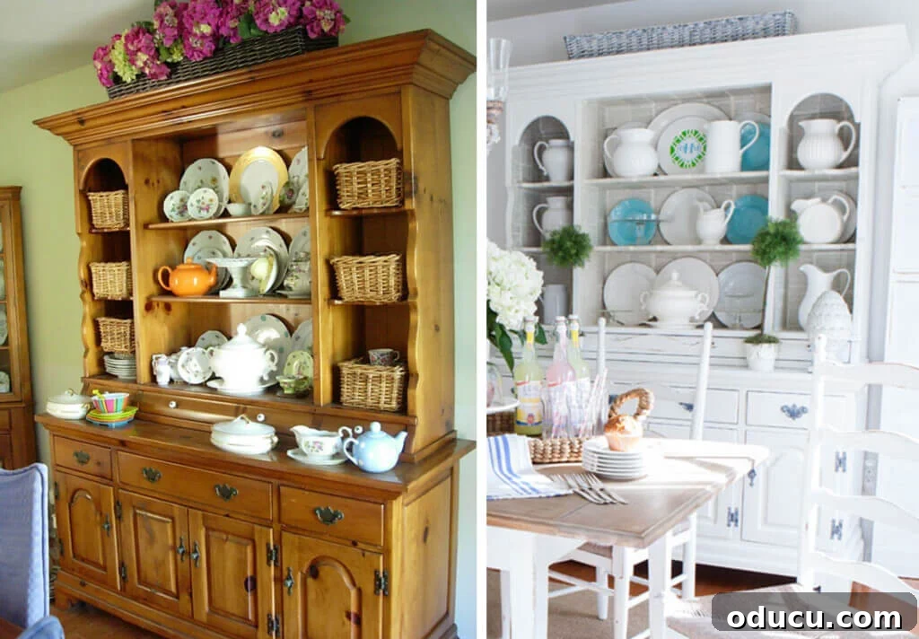 Entryway Upgrade: The Dresser Solution 10 Pine Hutch before and after painting white, showing its previous form.
