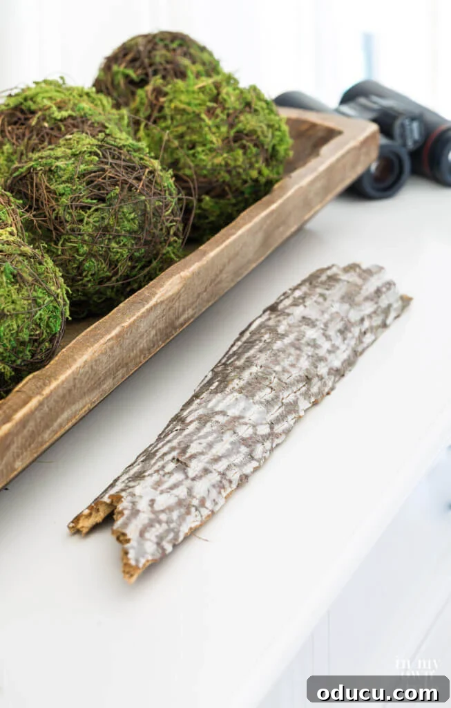 Autumn's Embrace: Natural Decor for Your Living Space 14 Decorating with nature for fall. Piece of bark and long dough bowl filled with moss spheres.