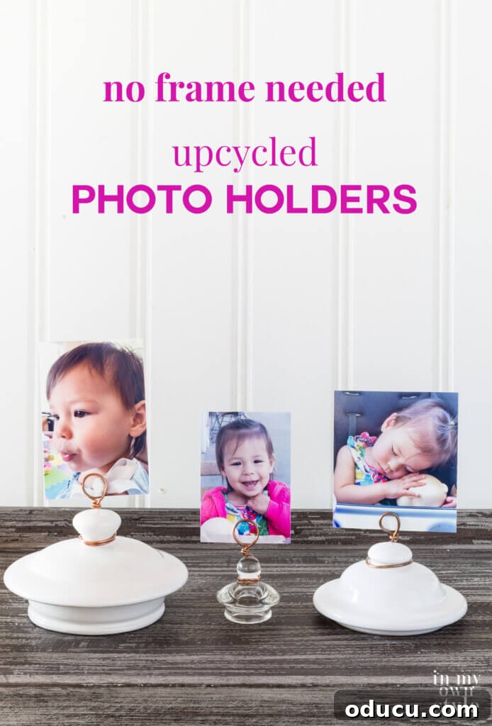 Collection of three stylish upcycled teapot and jar lid photo holders, each displaying a cherished photo on a rustic wooden table. The image highlights frame-free photo display and creative upcycling ideas.