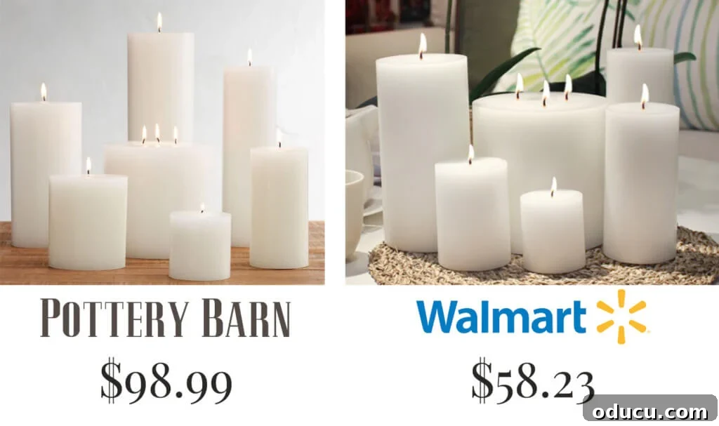 Comparison of price for a collection of white unscented candles from Pottery Barn and Walmart. Pottery Barn cost for the same color and size candle is 98.99. Walmart is $58.23