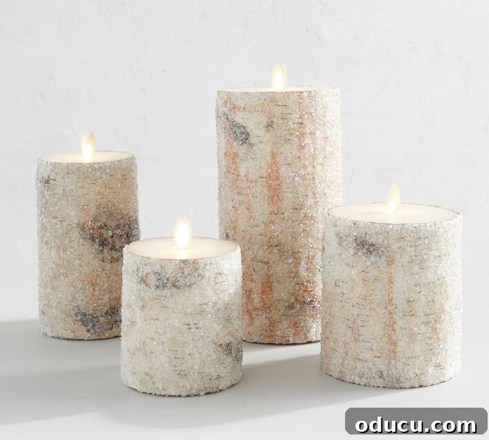 Four Pottery Barn premium flickering flameless sugared birch pillar candles, displaying their realistic glow.
