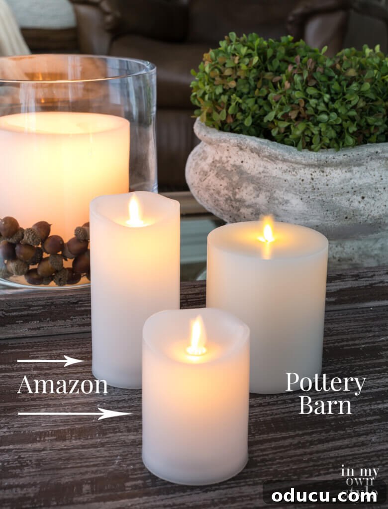 Three flicker candles on a table from Amazon and Pottery Barn, side-by-side for comparison.
