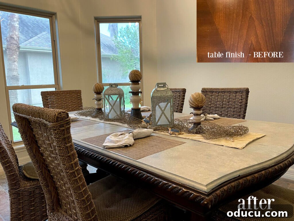 Zinc Effect Wooden Table Surfaces 24 A before and after comparison showing a reader's dining room table transformation, painted to look like zinc following the faux finish tutorial. The 'after' image highlights a sophisticated, aged metallic top.