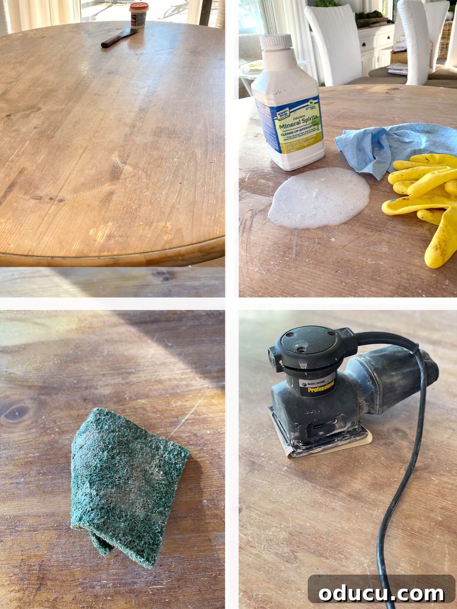 A tabletop undergoing preparation for faux painting, showing the sanding process to create a smooth, clean surface ready for the zinc effect. Wood patch fills visible imperfections, ensuring an even base coat.