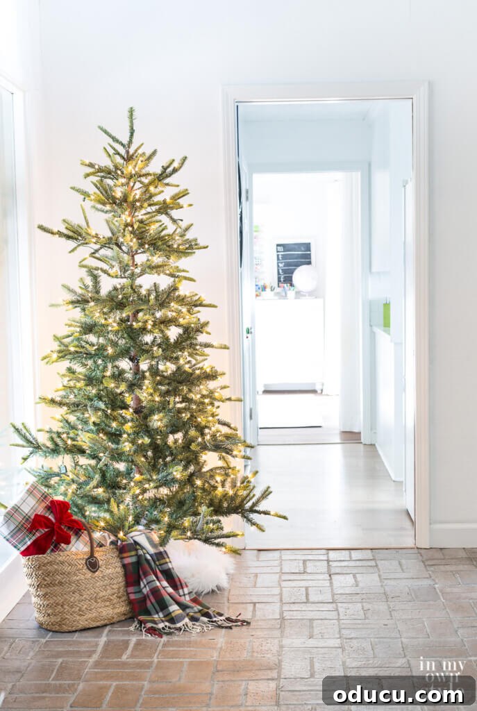 Effortless Festive Home Styling 7 A slender 6-foot Christmas tree adorned with delicate white twinkle lights stands elegantly in the corner of a welcoming foyer, creating a soft, magical glow.