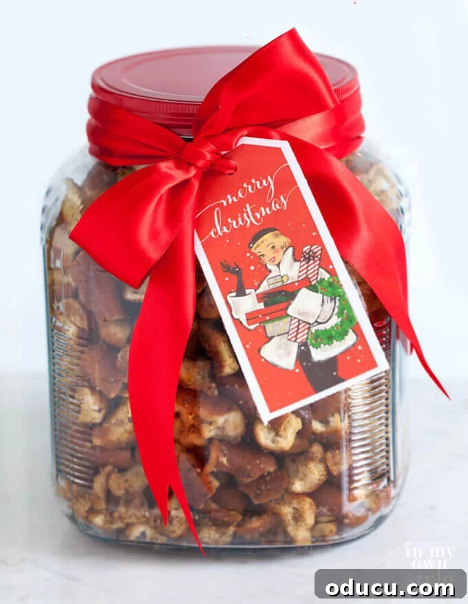 Garlic pretzels in a glass jar and wrapped to give as a Christmas gift.