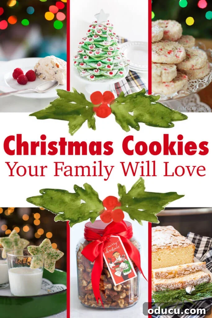 A variety of Christmas cookies to make. Text overlay says Christmas cookies your family will love.