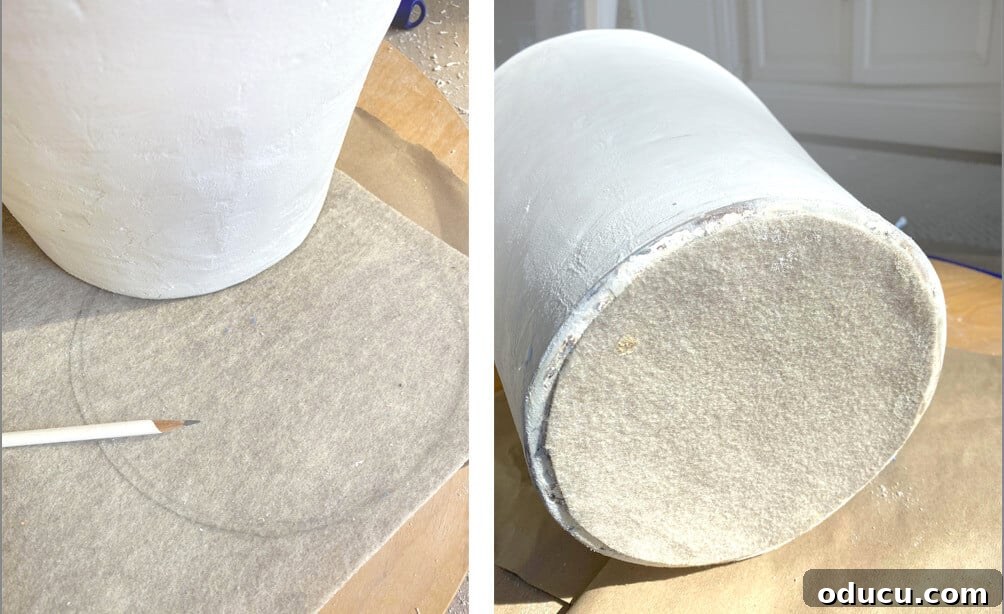 Thrifted Lamp Glow Up 11 Illustrative image showing how to cut and apply a protective felt bottom to a table lamp base.