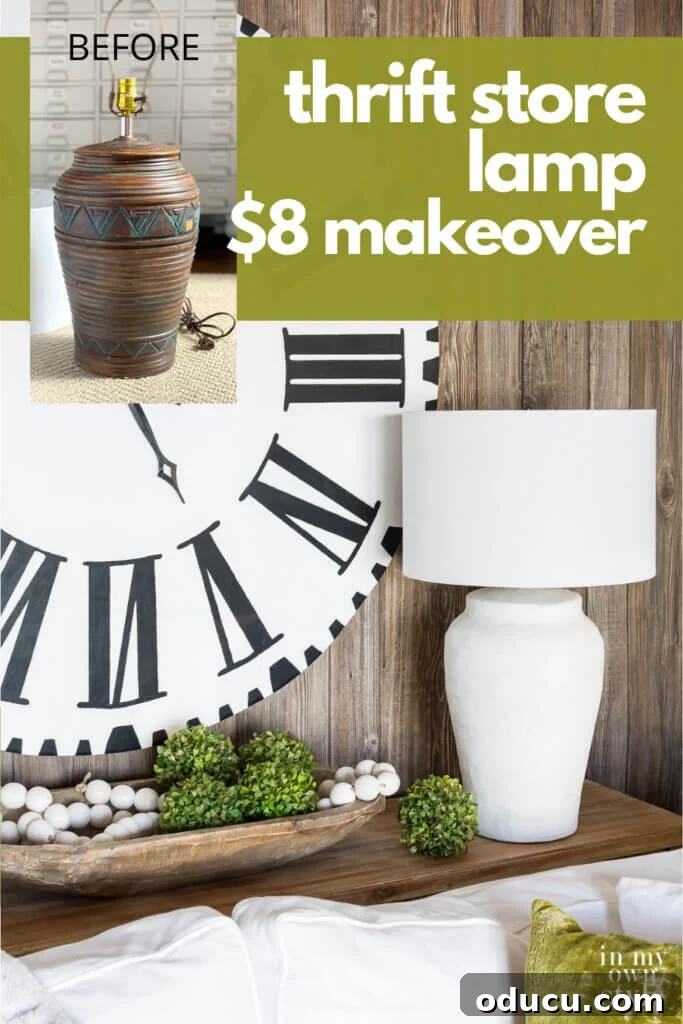 Thrifted Lamp Glow Up 15 A striking before-and-after image of a DIY lamp makeover. The text overlay highlights 'Thrift Store Lamp $8 Makeover,' emphasizing the budget-friendly transformation.
