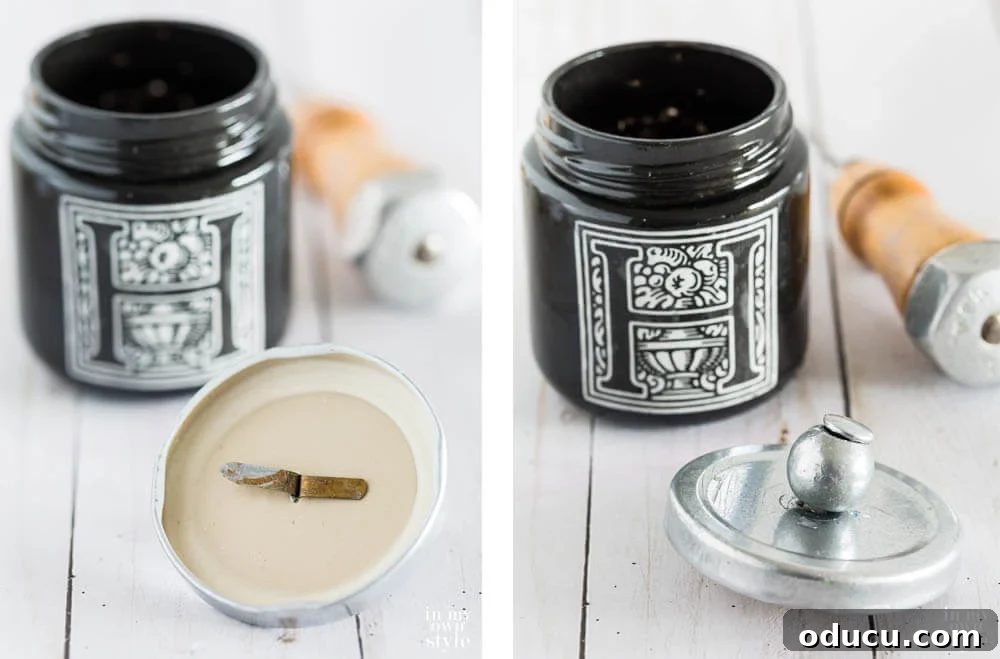 Matchbox with Built-in Striker 7 Side by side images of jar turned into a match holder. One photo shows underside of lid with brass fastener and the other one shows the top being held on with the top of the fastener and a silver bead.