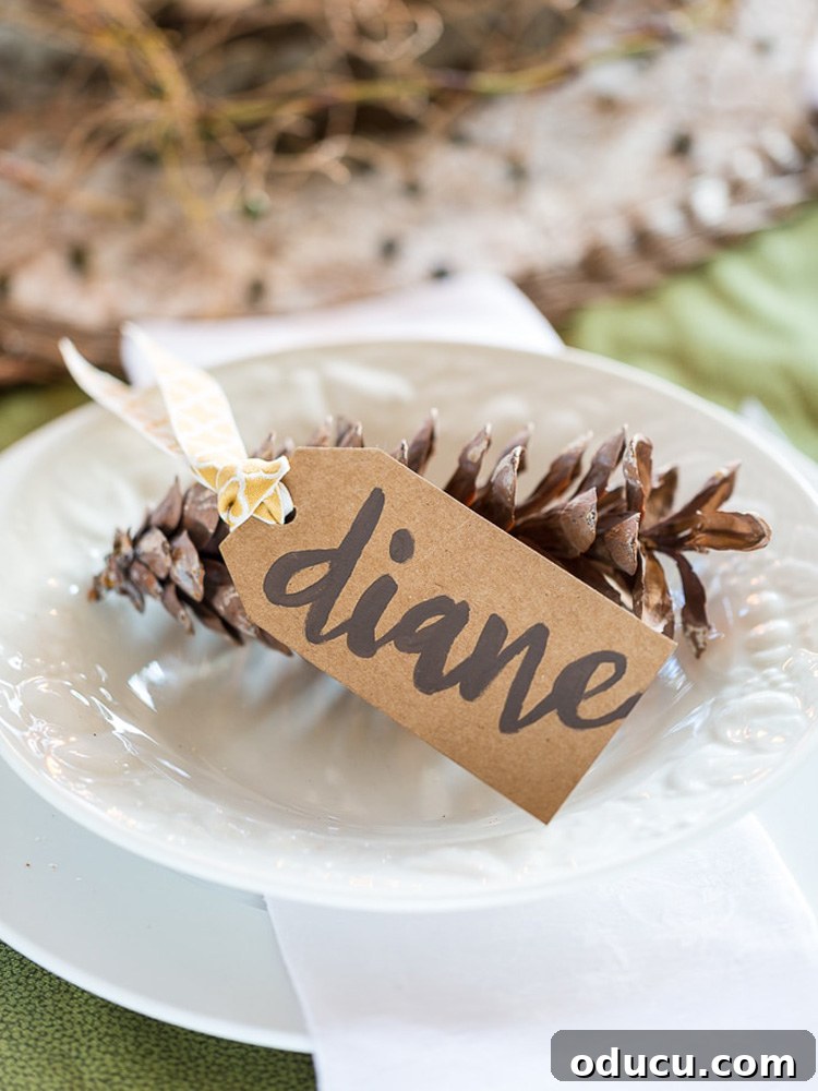 Effortless Thanksgiving Place Card Ideas for a Memorable Table 2 Brown Kraft paper place card on white plate for Thanksgiving table setting, adorned with a pinecone for rustic charm.