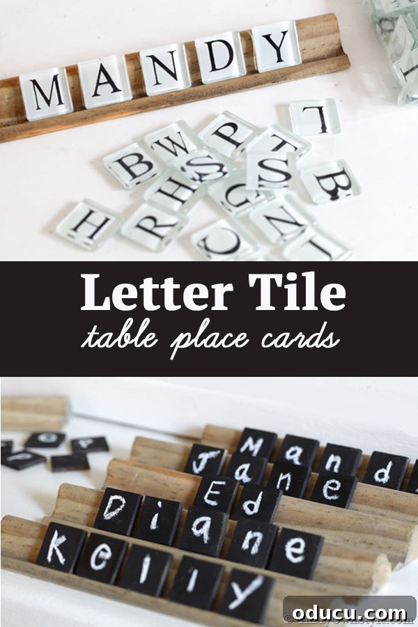 Effortless Thanksgiving Place Card Ideas for a Memorable Table 7 Letter tiles arranged to spell names, serving as unique table place cards and buffet food signs for a playful Thanksgiving setting.