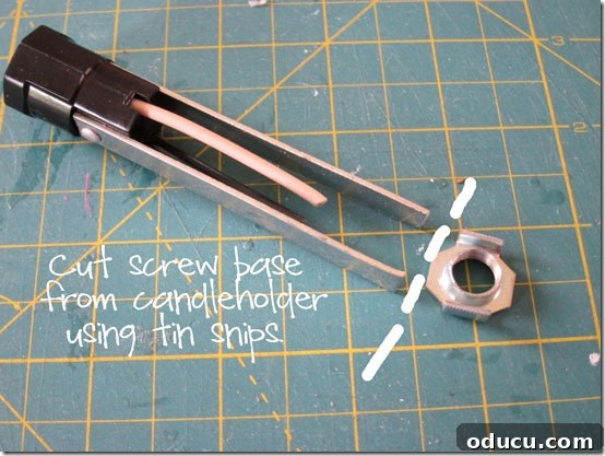 Instructions on how to disassemble a thrift store hanging light, focusing on removing screw bases for conversion.
