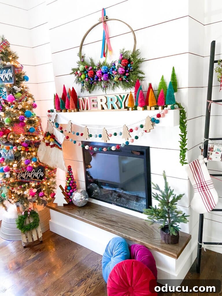 Style Dispatch 24 2 Colorful Christmas mantel adorned with vibrant ornaments and a DIY embroidery hoop wreath.