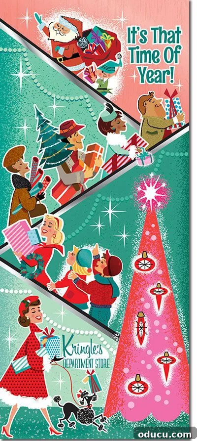 Vintage Christmas Card depicting happy shoppers bustling through a festive street scene.