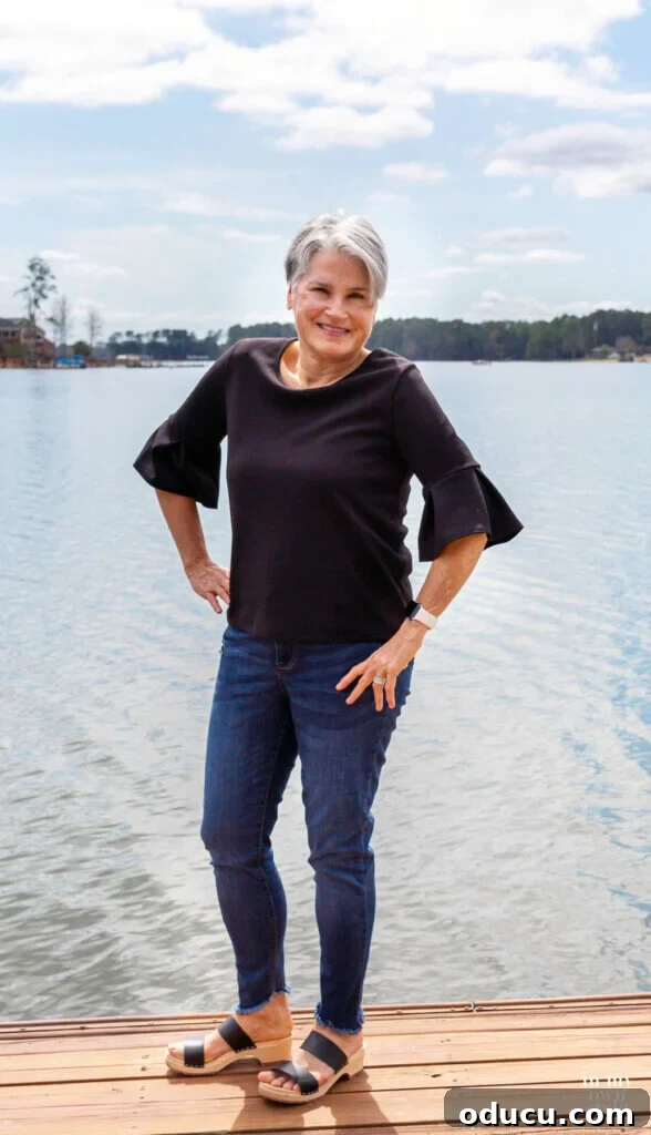 My Personal Weight Loss Victory 2 Diane blogger at In My Own Style on lake dock after eating a plant-based for a year.