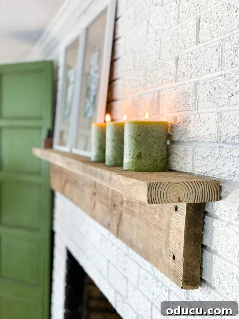 Cozy Winter Decor Beyond the Holidays 2 Easy to Build DIY Fireplace Mantel Shelf hung on brick wall. Simple yet decorative rustic wood mantelpiece.