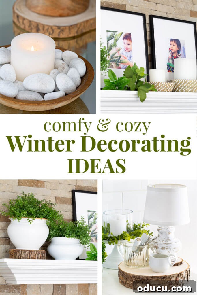 Cozy Winter Decor Beyond the Holidays 13 Home Decorating Ideas for Winter After Christmas. Text overlay says comfy cozy Winter decorating ideas, inspiring warmth and comfort.