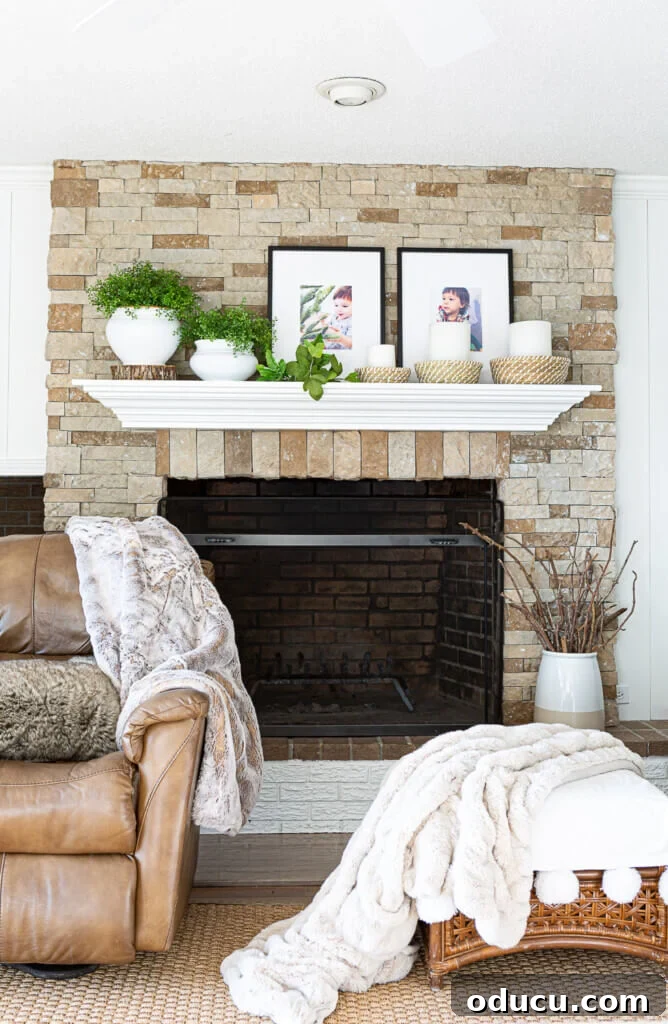 Cozy Winter Decor Beyond the Holidays 4 Fireplace decorated for the winter months with elegant and simple elements.