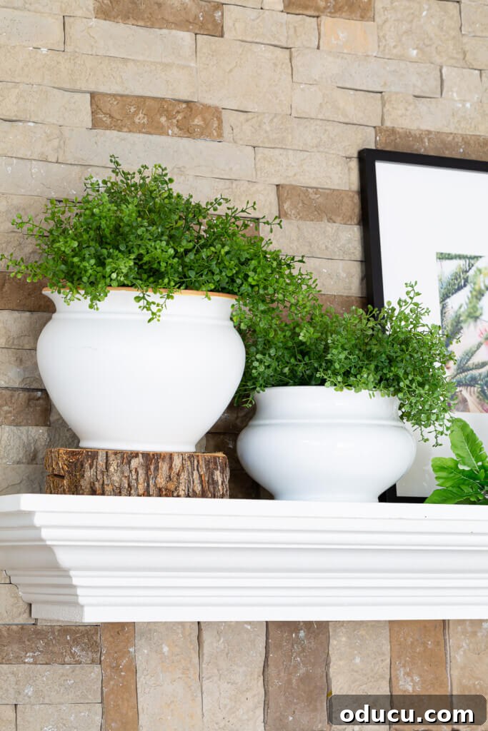 Cozy Winter Decor Beyond the Holidays 6 After Christmas Winter decorating ideas for mantels. White planters and greenery on stone and white fireplace.