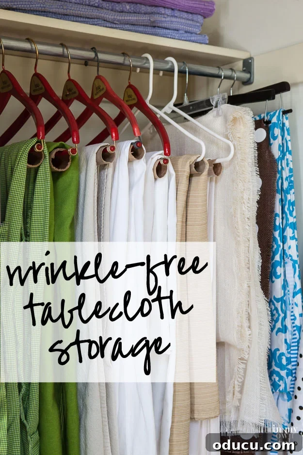 Brilliant DIY Strategies for a Perfectly Organized Home 3 Tablecloths hanging in a closet on hangers with cardboard tubes, ensuring wrinkle-free storage.