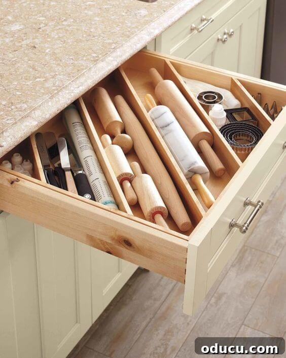 Style Chronicles 26 3 Martha Stewart's clever kitchen organization tip for long items in drawers.