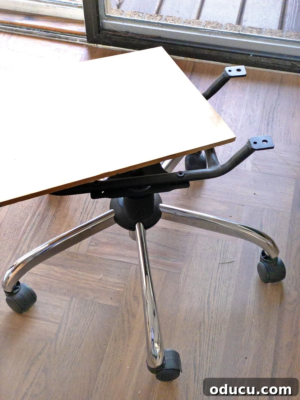 Creative File Solutions for Your Home Workspace 12 Office chair base being transformed to hold a hanging file folder organizer for use when working from home.