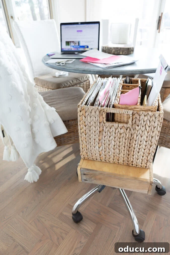 Creative File Solutions for Your Home Workspace 9 Rolling file folder for creative file storage, perfect for working from home in the kitchen.