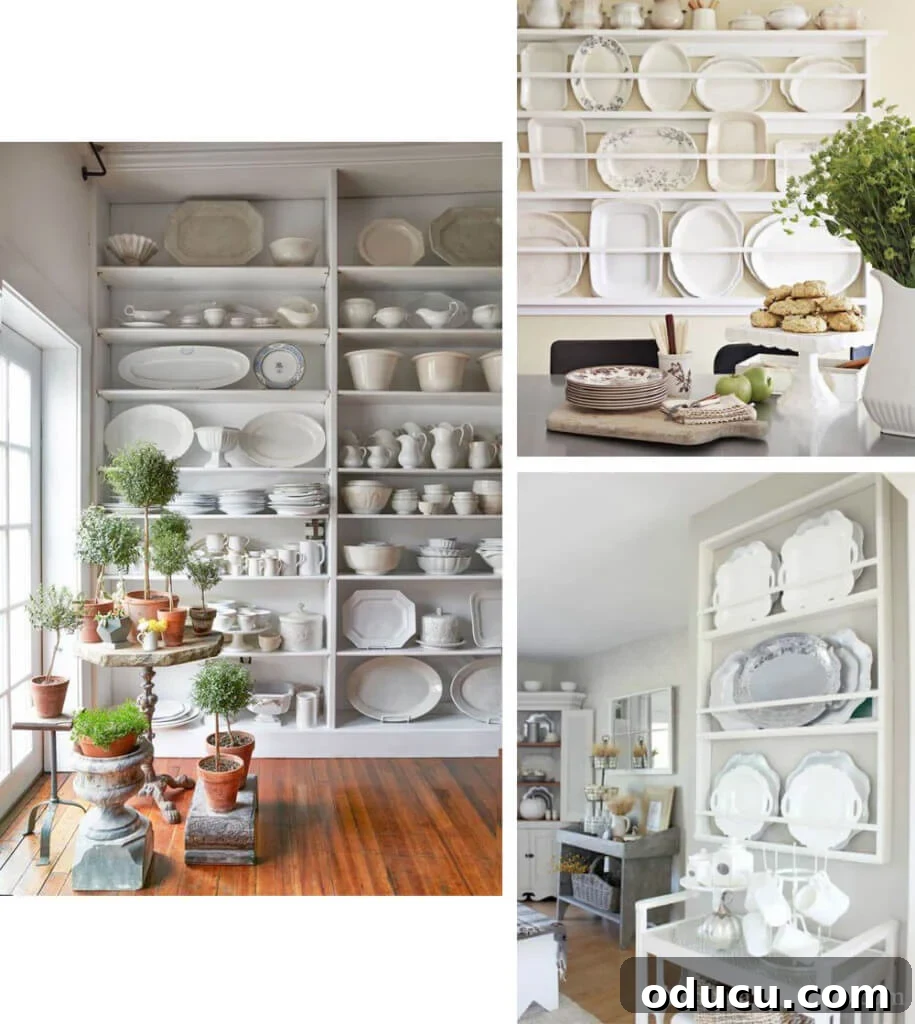 DIY Floor-to-Ceiling Wall Plate Rack 2 Elegant floor-to-ceiling plate rack wall with white plates, enhancing a challenging wall space.
