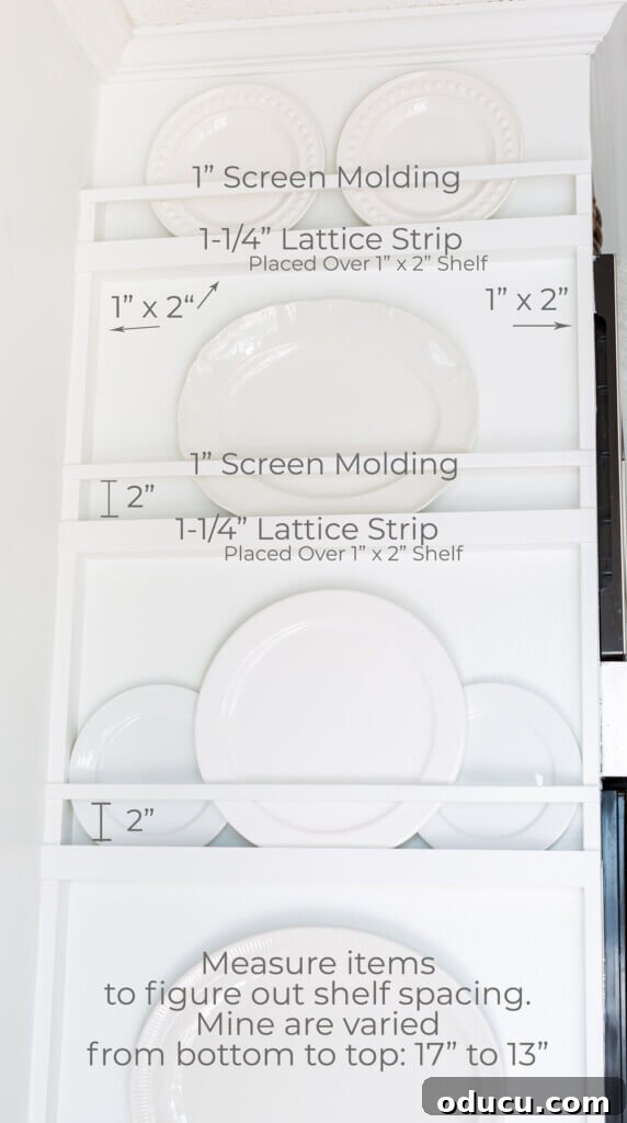 DIY Floor-to-Ceiling Wall Plate Rack 5 Detailed diagram showing spacing measurements and wood dimensions required for building a custom wall plate rack.