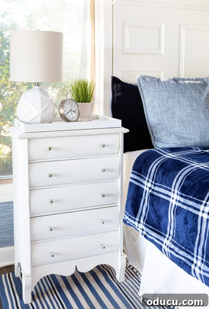 Textured Drawer Bedside Table Revamp 2 white night table with drawers in blue and white bedroom