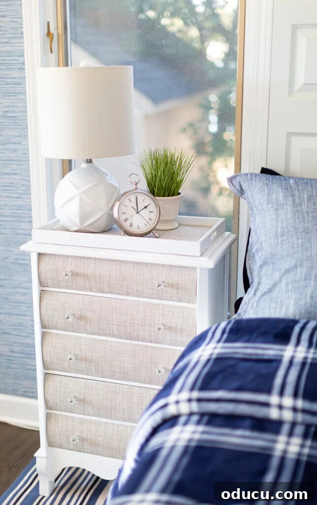 Textured Drawer Bedside Table Revamp 19 Small chest of drawers made over using table placemats to create the look of high end woven raffia furniture.