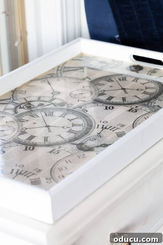Textured Drawer Bedside Table Revamp 3 clock motif on night table tray