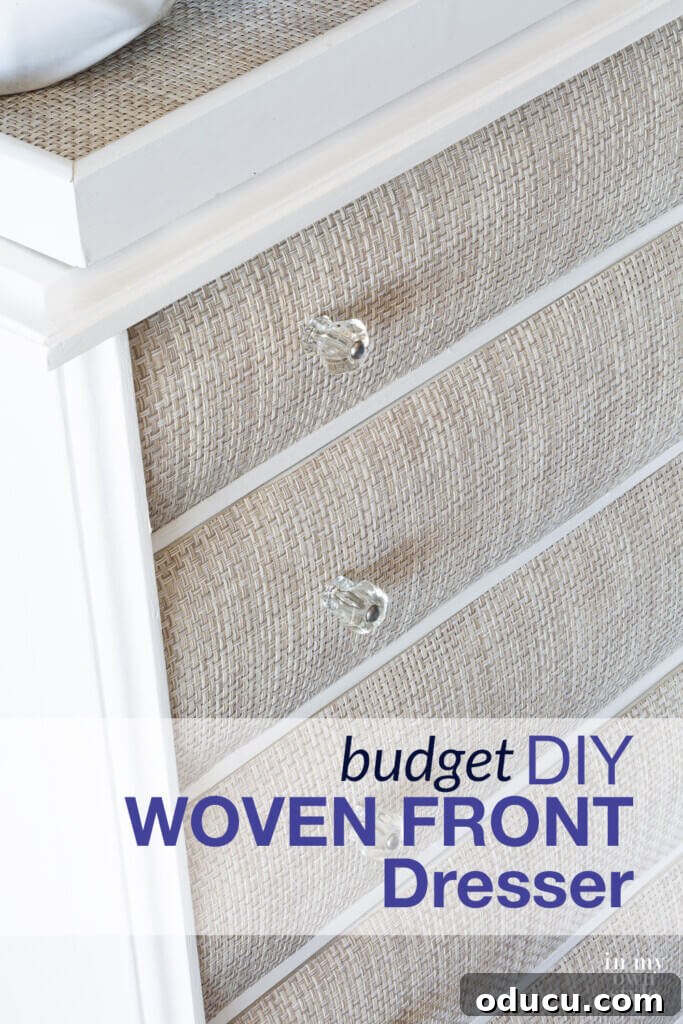 Textured Drawer Bedside Table Revamp 21 Woven front furniture makeover after. Text overlay says DIY Woven Front Dresser