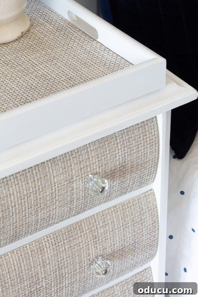 Textured Drawer Bedside Table Revamp 8 placemat in tray on woven drawer fronted nightstand