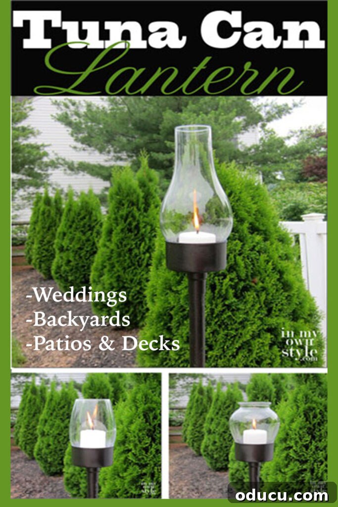 Tuna-can-screwed-on to pole to make outdoor lantern made using a tuna can. 3 ways to make an outdoor lantern made using a tuna can.