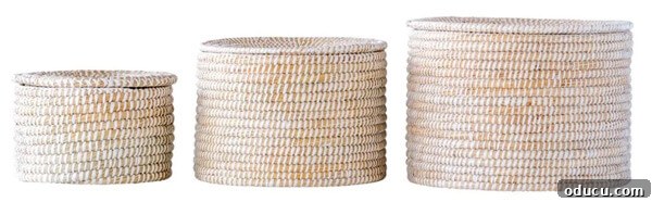 Style Discoveries 5 Set of three round lidded storage baskets in varying sizes, perfect for stylish organization