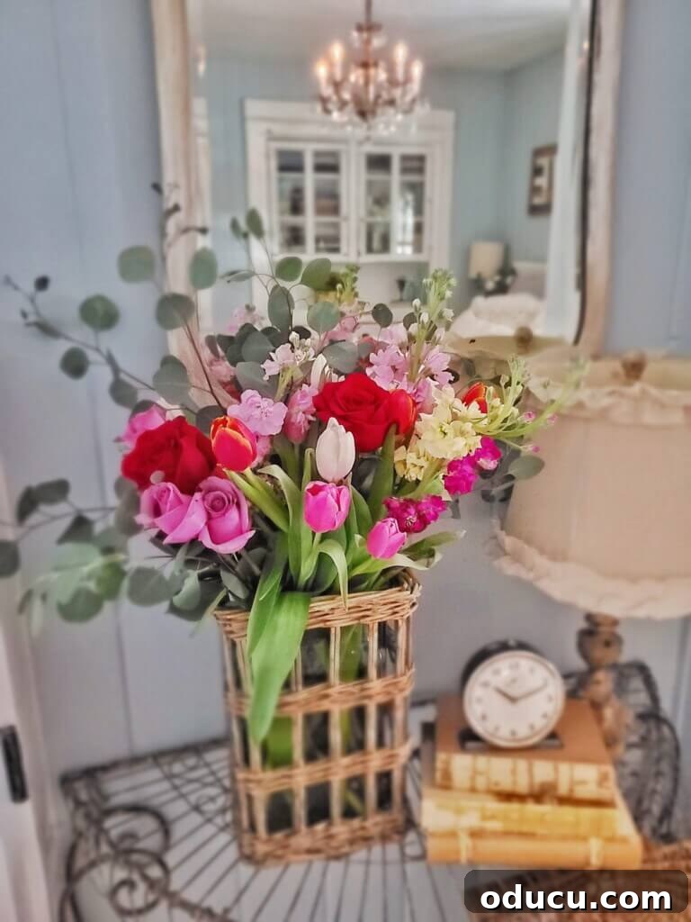 Style Discoveries 6 Pretty colorful flowers arranged in a basket vase, bringing spring cheer indoors
