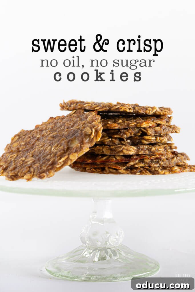 Wholesome Vegan Banana Oat Delights 2 Thin, crispy plant-based banana oatmeal cookies stacked on a cake stand, highlighting their no oil, no sugar nature.