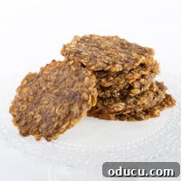 Stack of thin and crispy banana oatmeal cookies.